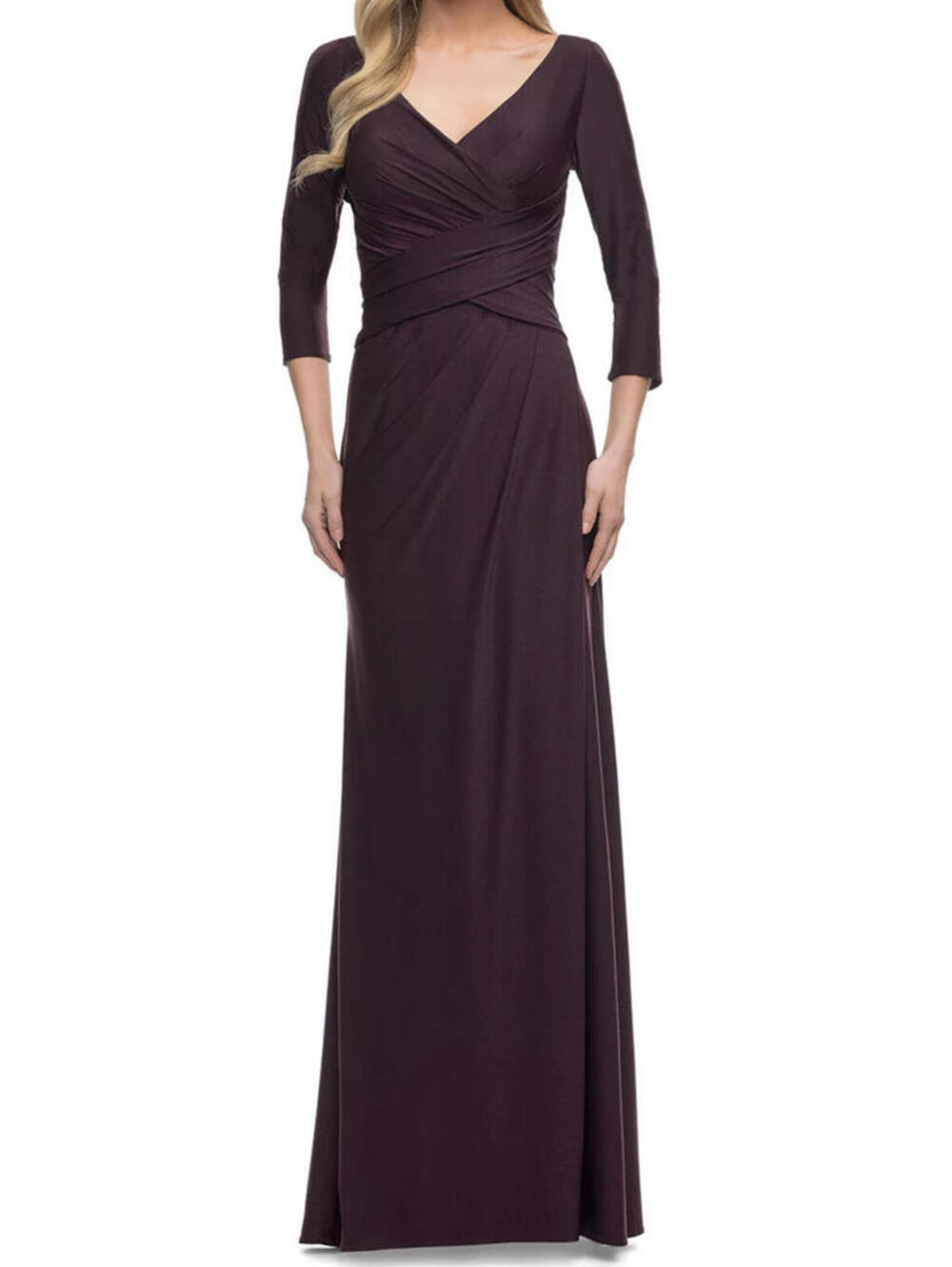 New La Femme 29223 3/4 Sleeve Ruched Bodice Sheath Gown In Dark Garnet Sz 6 $358